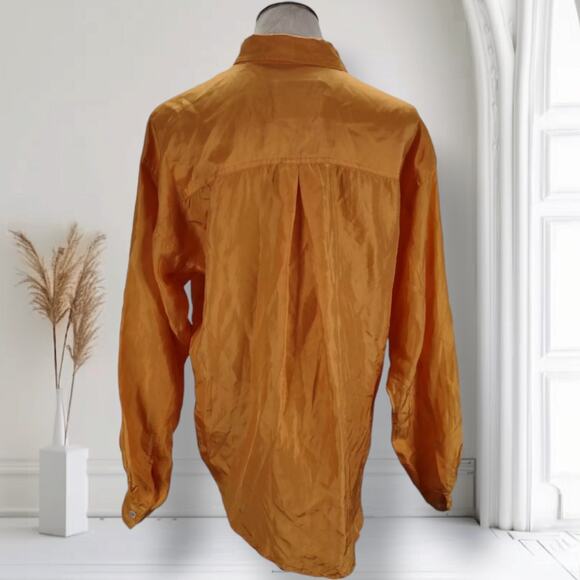 Vintage 80s Basic Issue Silk Shirt Pumpkin Orange Oversized Button Up Blouse - Picture 4 of 12